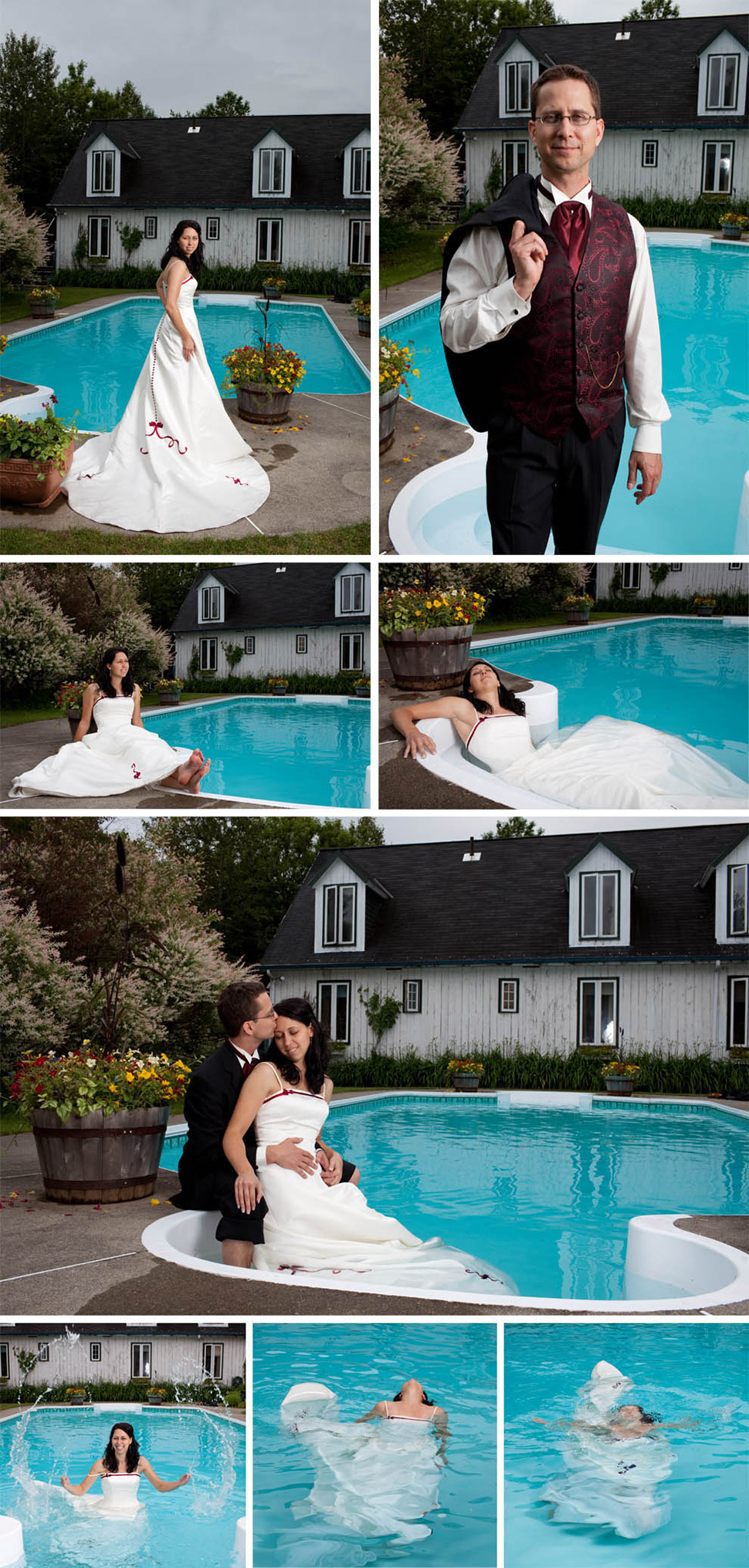 Bride in a swimming pool.