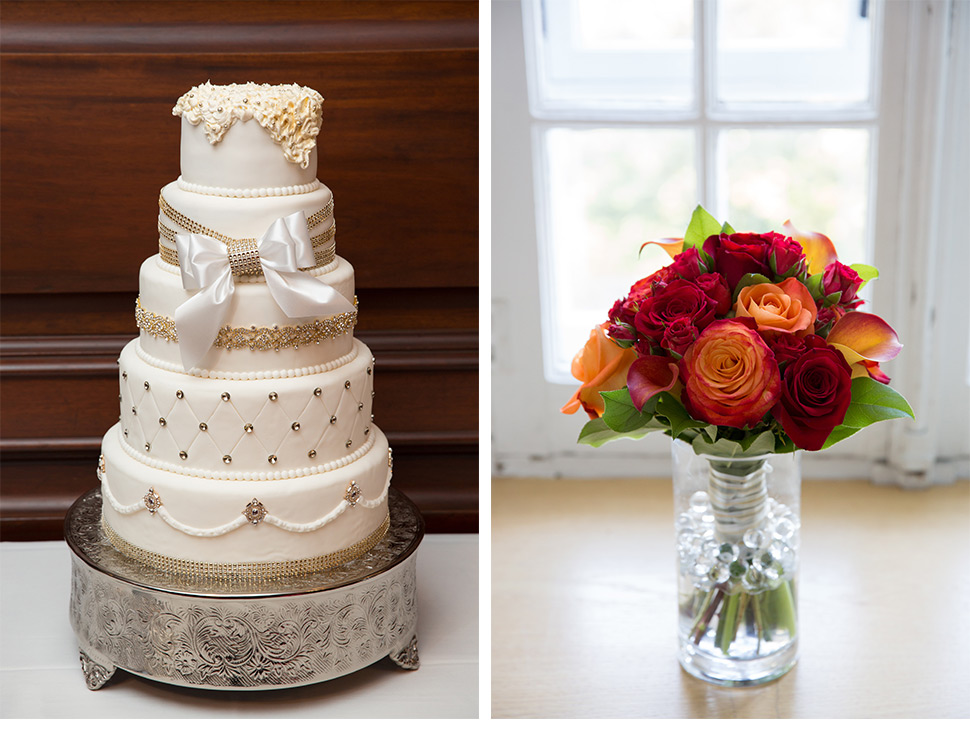 Wedding cake and flowers.